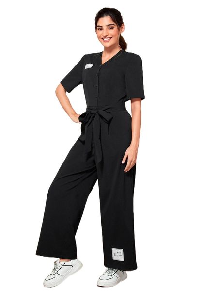 modely letter patched button front belted shirt jumpsuit b7xp#, Black;white