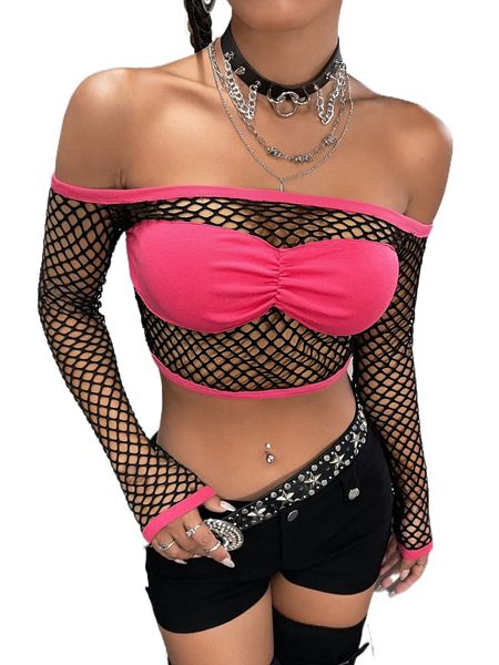 off shoulder ruched bust sheer fishnet t3q7#, White