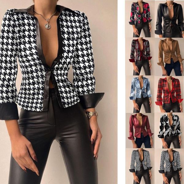 women's polos spring style fashion casual long-sleeved v-neck pu leather stitching ladies shirtwomen's poloswomen's, White
women's polos spring style fashion casual long-sleeved v-neck pu leather stitching ladies shirtwomen's poloswomen's, White
