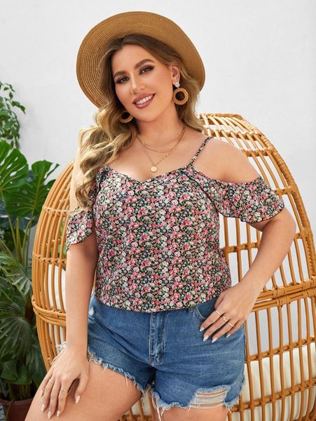 plus ditsy floral print cold shoulder blouse s2rf#, Black
