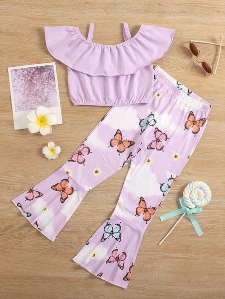 toddler girls ruffle trim cold shoulder & flare leg pants she, White 
toddler girls ruffle trim cold shoulder & flare leg pants she, White