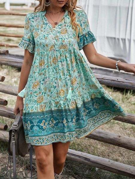 floral print flounce cuff tie neck ruffle hem dress l9ct#, Black;gray
floral print flounce cuff tie neck ruffle hem dress l9ct#, Black;gray