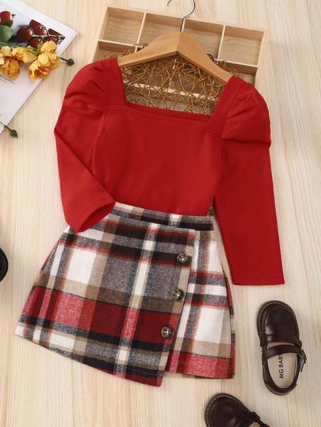 toddler girls square neck & plaid print asymmetrical hem skirt she01, White 
toddler girls square neck & plaid print asymmetrical hem skirt she01, White