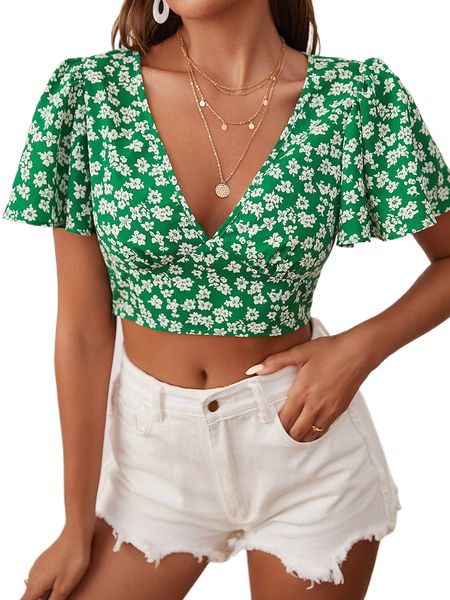 flutter sleeve allover floral print crop r6sb#, White 
flutter sleeve allover floral print crop r6sb#, White