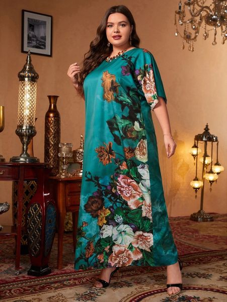 plus batwing sleeve floral dress f0sq#, Black