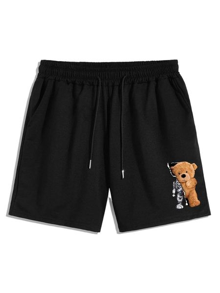 men bear print drawstring waist shorts n8bs#, White;black