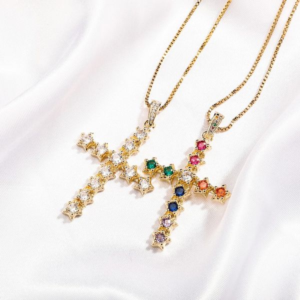 6 colored star cross pendant necklace iced out micro pave cubic zirconia with box chain hip hop jewelry for gift, Silver
6 colored star cross pendant necklace iced out micro pave cubic zirconia with box chain hip hop jewelry for gift, Silver