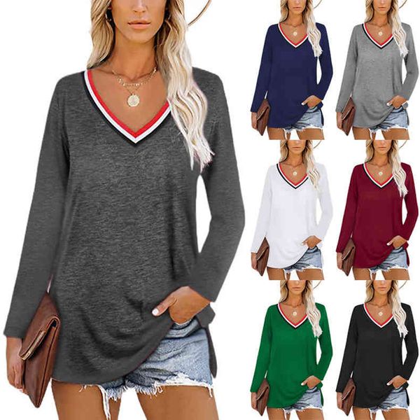 women's t-shirt 2022 summer women's v-neck stripe stitched split long sleeve t-shirt s684, White
women's t-shirt 2022 summer women's v-neck stripe stitched split long sleeve t-shirt s684, White
