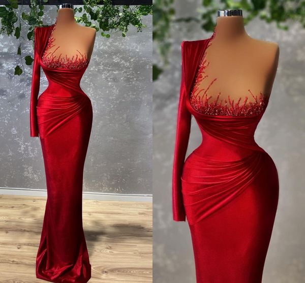 red velvet elegant mermaid prom dresses one shoulder long sleeve women long evening pageant gowns plus size custom made 0329, Black
red velvet elegant mermaid prom dresses one shoulder long sleeve women long evening pageant gowns plus size custom made 0329, Black