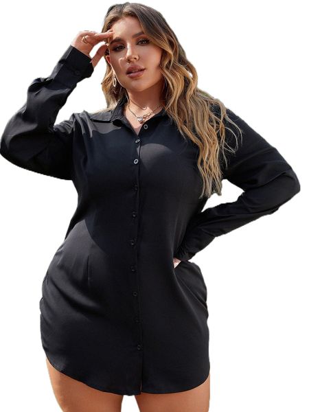 plus button through shirt dress r5p8#, Black