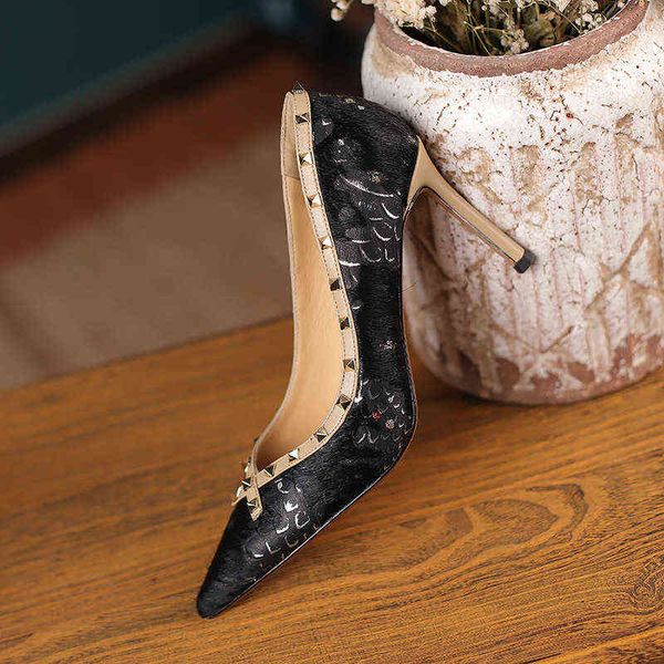 designer women's shoes boots 2022 spring and summer pointed thin high-heeled fur color matching metal rivets fashion single women', Black
designer women's shoes boots 2022 spring and summer pointed thin high-heeled fur color matching metal rivets fashion single women', Black