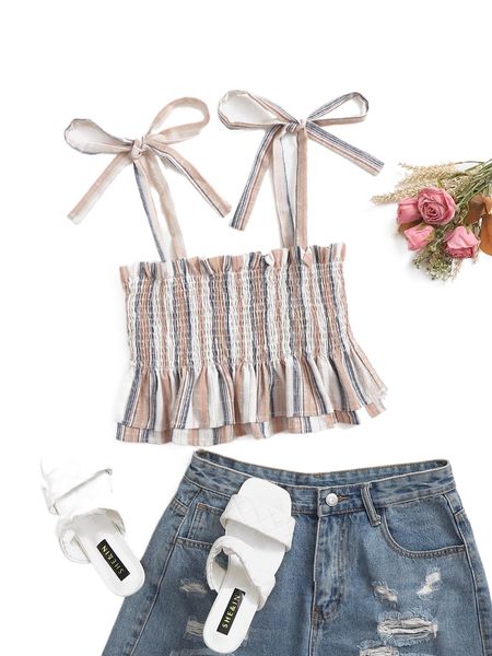 frill trim striped pattern knot detail layered hem tank r72g#, White
frill trim striped pattern knot detail layered hem tank r72g#, White