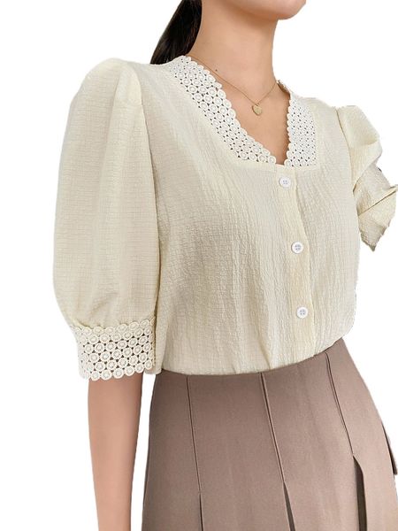 dazy guipure lace insert puff sleeve blouse b5tk#, White
