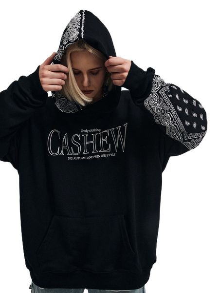 letter & paisley print drop shoulder hoodie 97fy#, Black