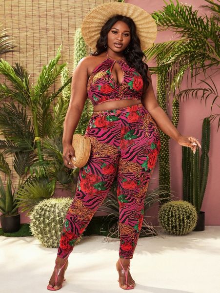 sxy plus tiger & floral print cut out tie backless crop halter & leggings 41kp#, Black
sxy plus tiger & floral print cut out tie backless crop halter & leggings 41kp#, Black