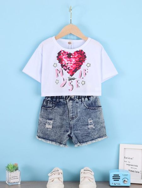toddler girls letter and heart print tee & ripped frayed denim shorts she, White
toddler girls letter and heart print tee & ripped frayed denim shorts she, White
