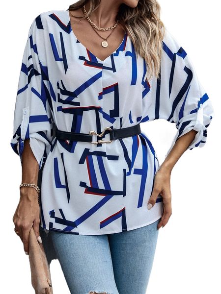 allover print v neck blouse without belt q9mv#, White 
allover print v neck blouse without belt q9mv#, White