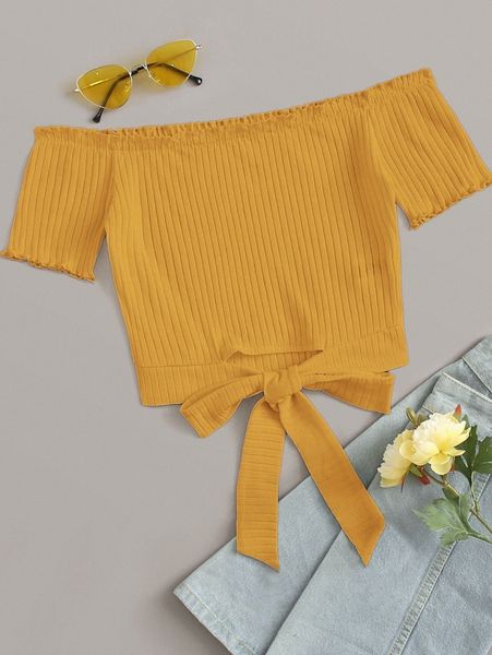 lettuce trim tie hem rib-knit bardot p268#, White
lettuce trim tie hem rib-knit bardot p268#, White