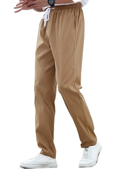 men solid drawstring waist pants c96f#, Black