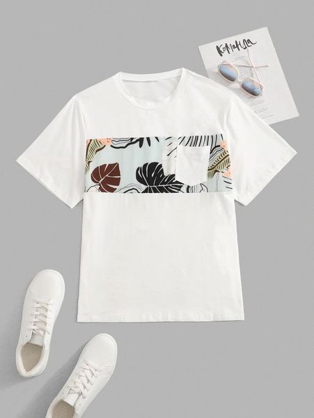 men tropical print pocket patched tee c89f#, White;black 
men tropical print pocket patched tee c89f#, White;black