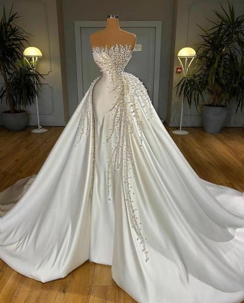 elegant heavy pearls wedding dresses with satin overskirt strapless beaded bridal gowns custom made luxury robes de mariée 0331, White
elegant heavy pearls wedding dresses with satin overskirt strapless beaded bridal gowns custom made luxury robes de mariée 0331, White