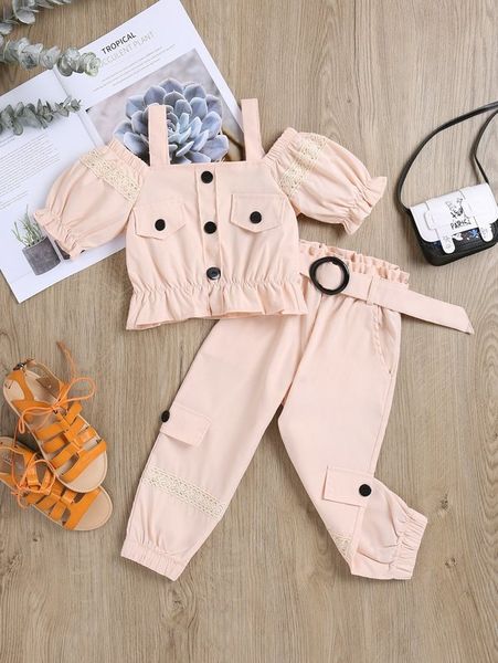 toddler girls puff sleeve fake button cold shoulder ruffle & belted pants she, White
toddler girls puff sleeve fake button cold shoulder ruffle & belted pants she, White