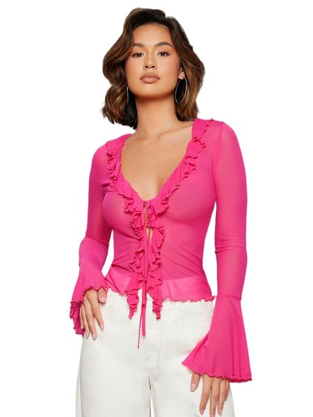 tie front ruffle trim bell sleeve c4mf#, White
tie front ruffle trim bell sleeve c4mf#, White