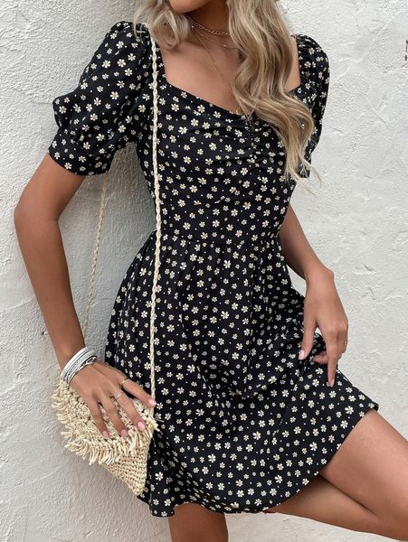 ditsy floral print puff sleeve ruched dress e1nd#, Black;gray 
ditsy floral print puff sleeve ruched dress e1nd#, Black;gray