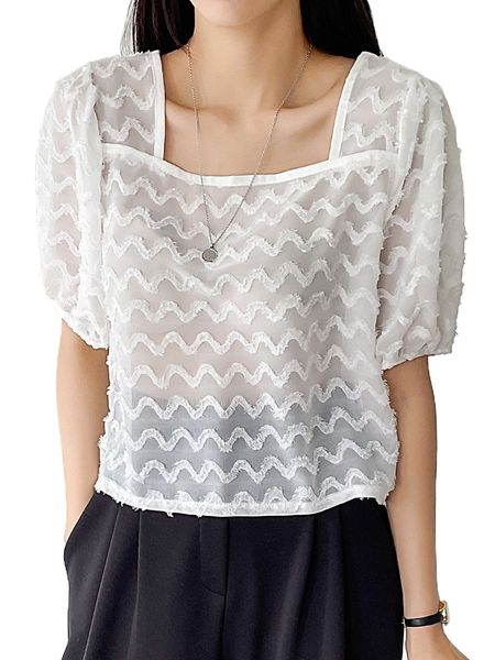dazy square neck puff sleeve tie back textured blouse without bra d4f7#, White
dazy square neck puff sleeve tie back textured blouse without bra d4f7#, White