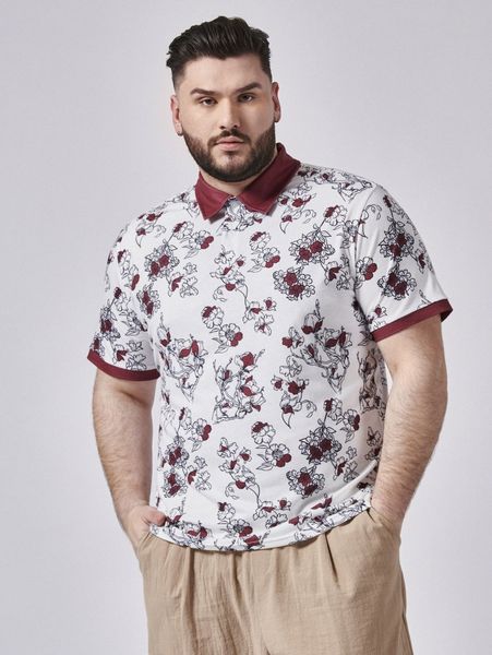 extended sizes men contrast trim floral print polo shirt w24r#, White;black 
extended sizes men contrast trim floral print polo shirt w24r#, White;black