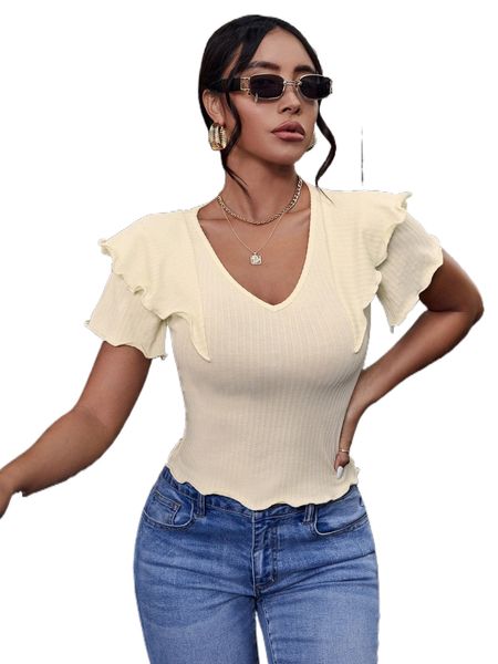 solid ruffle trim tee c0vc#, White
