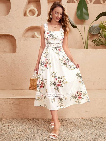 floral print lace insert cami dress 40jx#, Black;gray