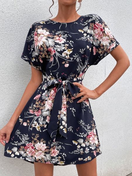 floral print belted dress o6ul#, Black;gray