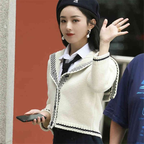 women's knits & tees zhao liying's same d series color contrast long sleeved navy collar cardigan lapel sweater short coat women&#, White
women's knits & tees zhao liying's same d series color contrast long sleeved navy collar cardigan lapel sweater short coat women&#, White