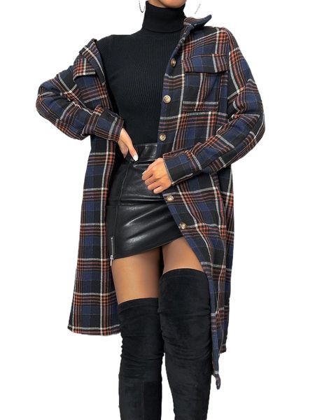plaid print flap pocket drop shoulder coat y1fo#, Black 
plaid print flap pocket drop shoulder coat y1fo#, Black