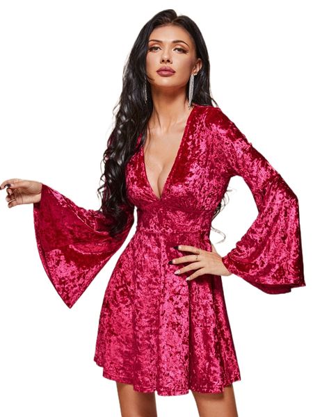 double crazy deep v neck flounce sleeve velvet dress 66lw#, Black;gray