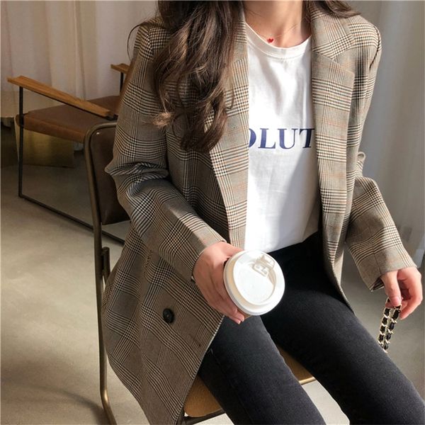 office ladies notched collar plaid women blazer double breasted autumn jacket casual pockets female suits coat 220722, White;black
office ladies notched collar plaid women blazer double breasted autumn jacket casual pockets female suits coat 220722, White;black