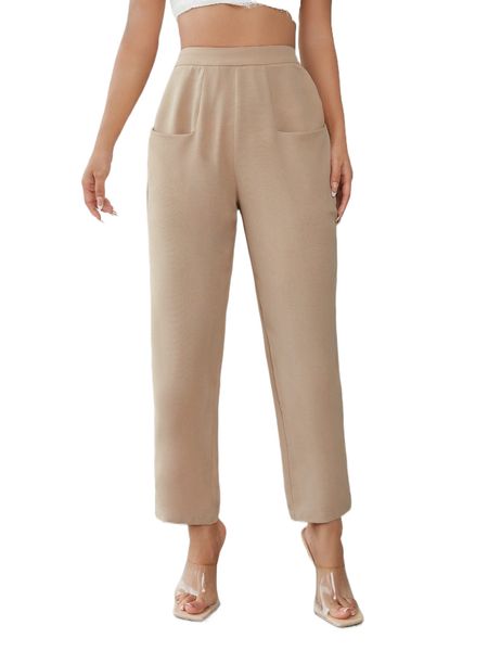 petite high waist solid pants p22d#, Black;white