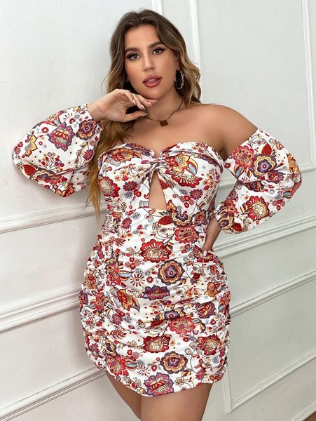 plus floral print off shoulder lantern sleeve backless knot ruched dress c9x2#, Black
plus floral print off shoulder lantern sleeve backless knot ruched dress c9x2#, Black