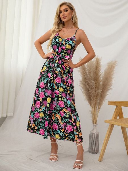 parthea floral print belted cami dress t1ms#, Black;gray