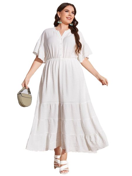plus button front ruffle hem popover dress s07h#, Black 
plus button front ruffle hem popover dress s07h#, Black