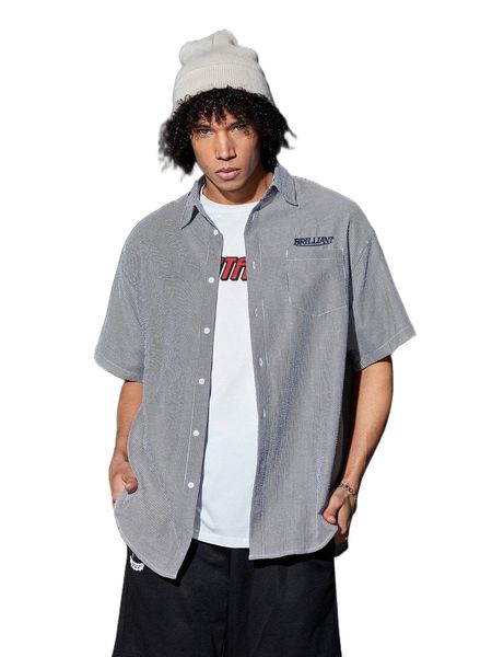 men letter embroidery striped patched pocket drop shoulder shirt i5zm#, White;black 
men letter embroidery striped patched pocket drop shoulder shirt i5zm#, White;black