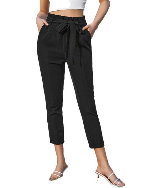paperbag waist self belted pants 39kn#, Black;white