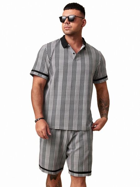 extended sizes men plaid polo shirt & shorts j22p#, Gray