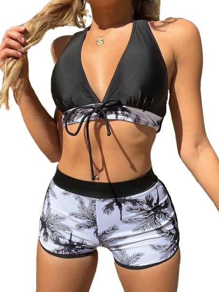 palm tree print halter shorts bikini swimsuit t8tk#, White;black
palm tree print halter shorts bikini swimsuit t8tk#, White;black