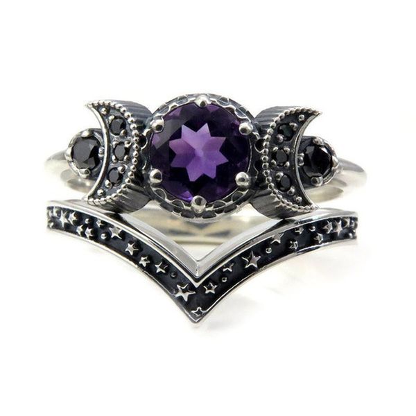 hecate triple moon ring set amethyst or red crystal wedding unique goddess s for women gothic anniversary gift 220719, Silver 
hecate triple moon ring set amethyst or red crystal wedding unique goddess s for women gothic anniversary gift 220719, Silver