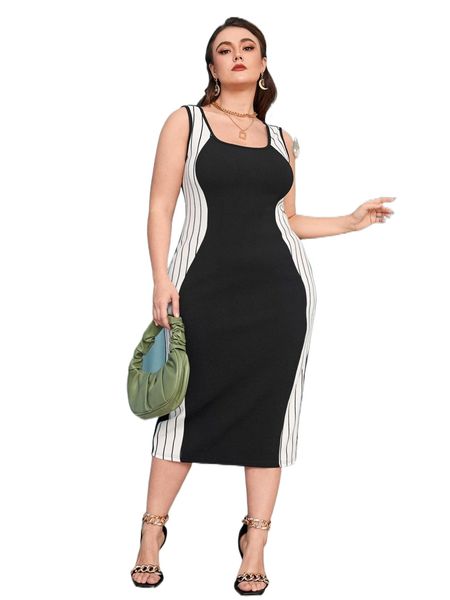 plus striped split back dress v48i#, Black