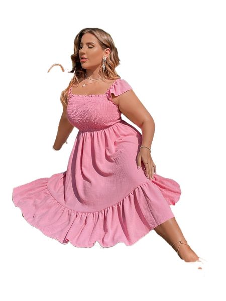 plus shirred flutter sleeve ruffle hem dress d50c#, Black