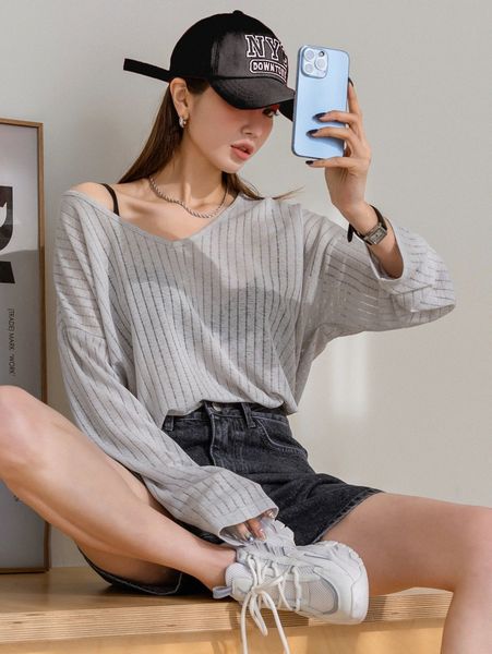 dazy drop shoulder ribbed knit tee without bra 034b#, White