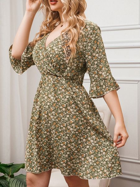 plus ditsy floral print flounce sleeve dress n8a5#, Black
plus ditsy floral print flounce sleeve dress n8a5#, Black